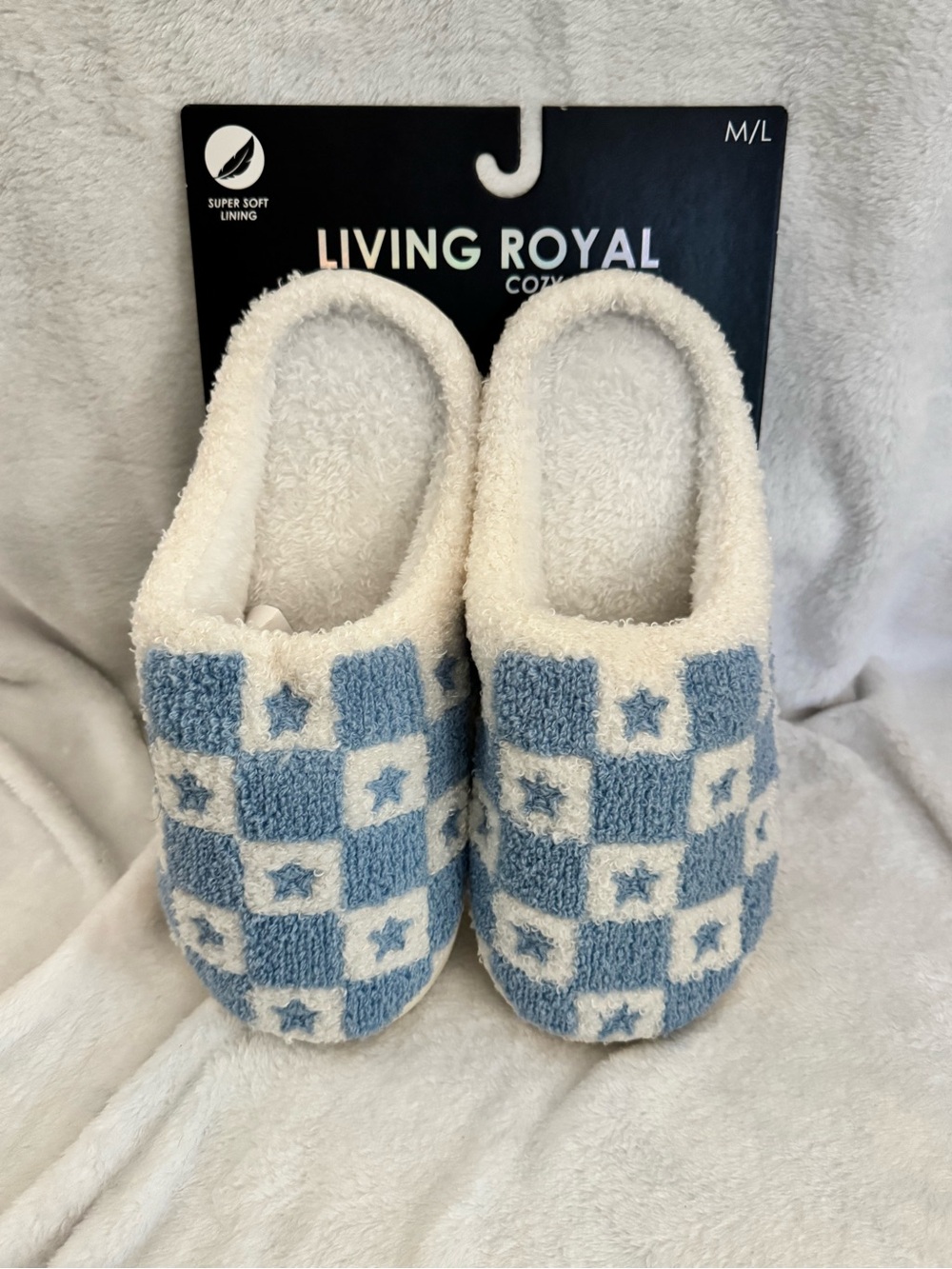 Living Royal Women's Cozy Blue & Cream Star Check Slippers